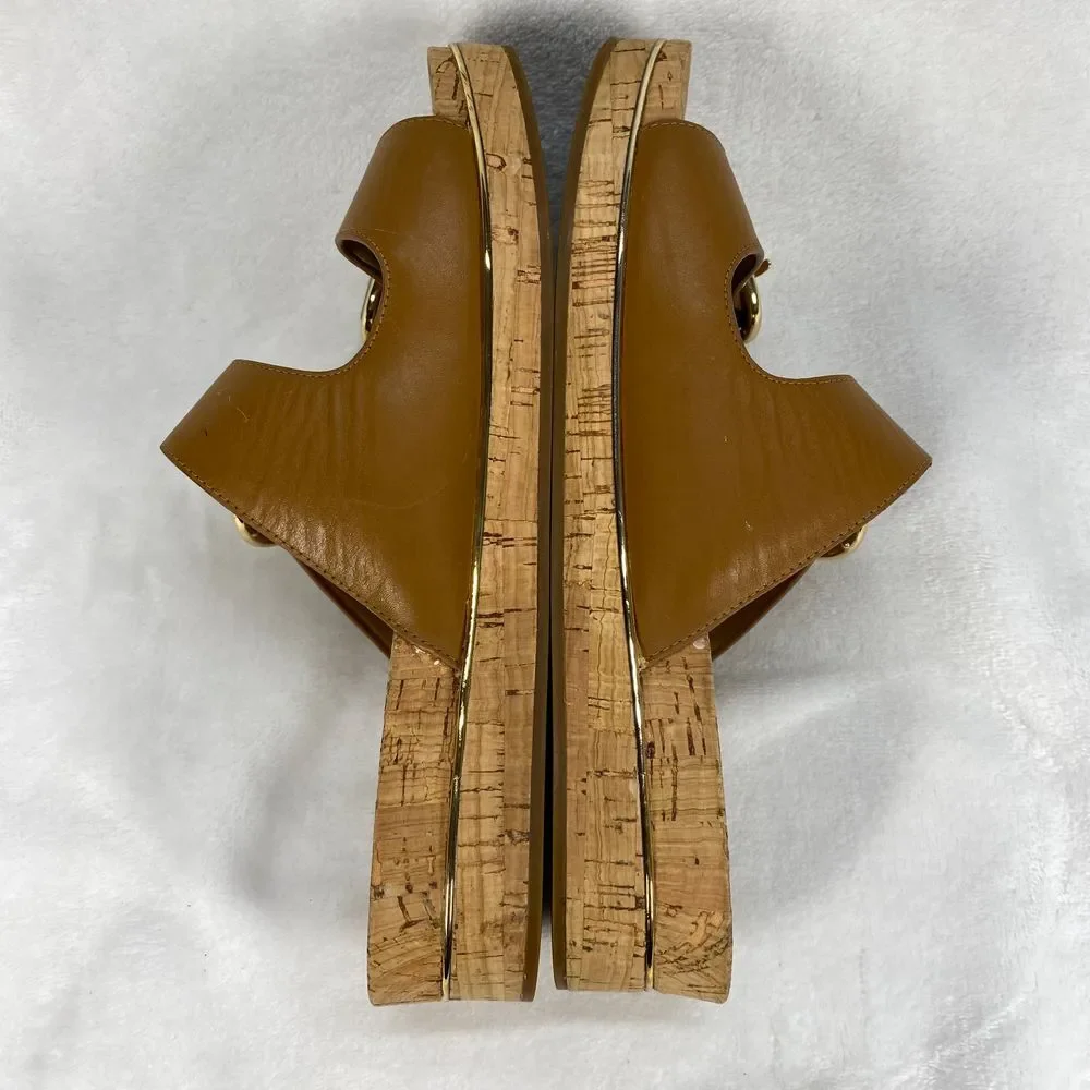 Michael Kors‎ Tan Leather Double Buckle Cork Platform Sandals Slides Sz 7-flaw